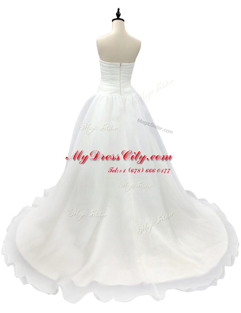 Charming White Sleeveless With Train Ruching Zipper Wedding Gown