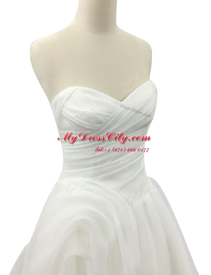 Charming White Sleeveless With Train Ruching Zipper Wedding Gown