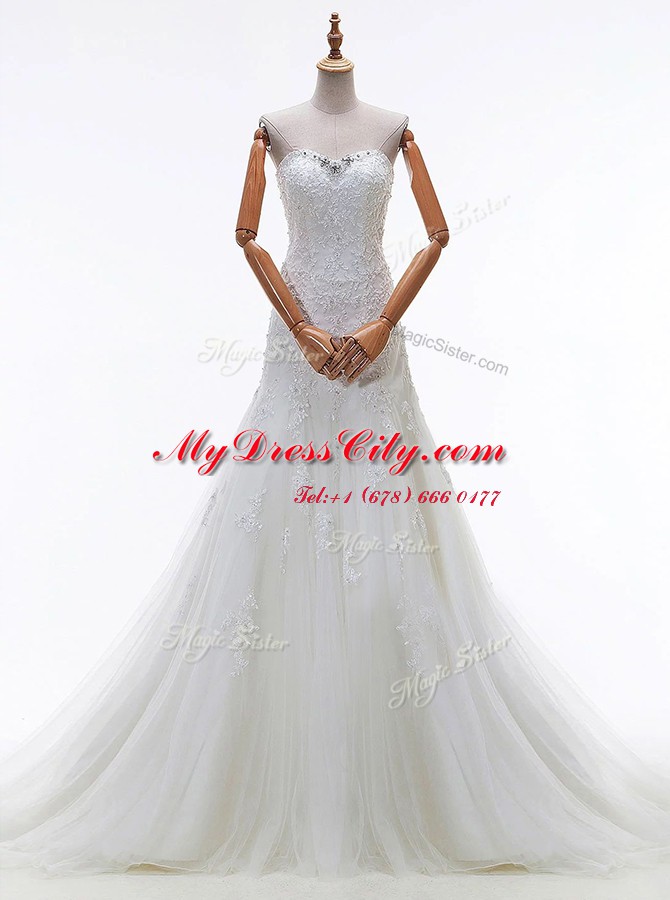 Edgy Tulle Sweetheart Sleeveless Court Train Lace Up Beading and Lace and Appliques Wedding Gowns in White