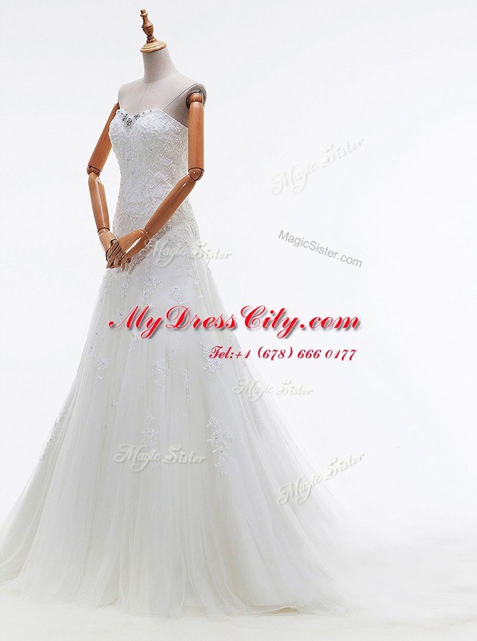 Edgy Tulle Sweetheart Sleeveless Court Train Lace Up Beading and Lace and Appliques Wedding Gowns in White