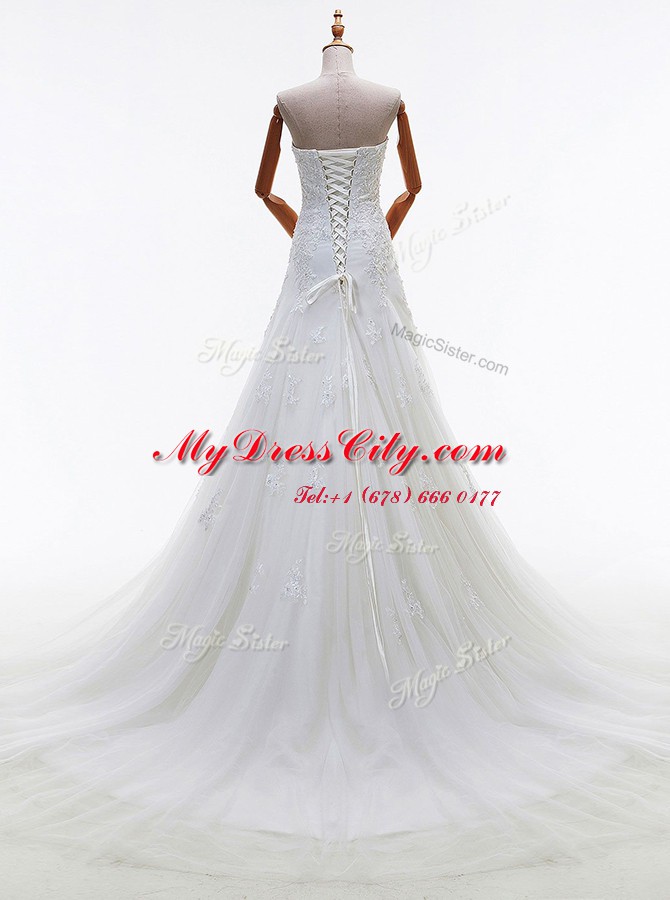 Edgy Tulle Sweetheart Sleeveless Court Train Lace Up Beading and Lace and Appliques Wedding Gowns in White