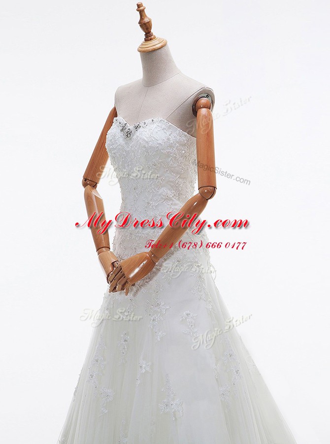 Edgy Tulle Sweetheart Sleeveless Court Train Lace Up Beading and Lace and Appliques Wedding Gowns in White