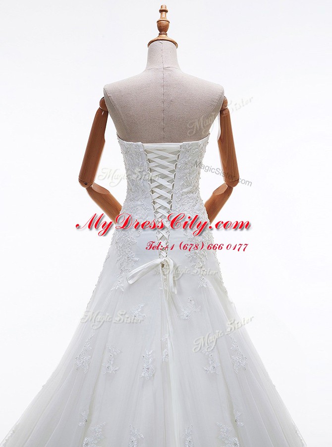 Edgy Tulle Sweetheart Sleeveless Court Train Lace Up Beading and Lace and Appliques Wedding Gowns in White