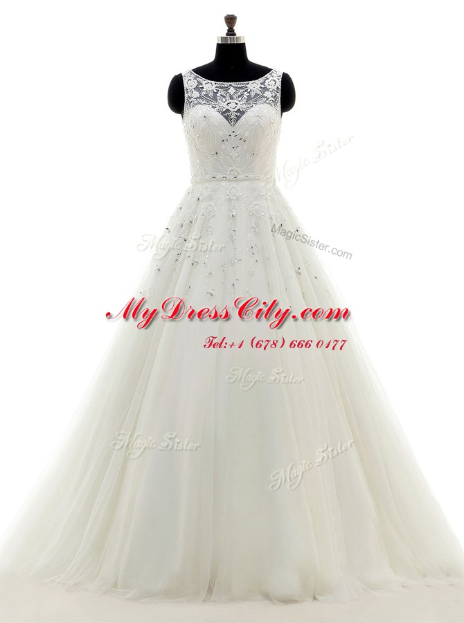 White Backless Scoop Beading and Lace and Appliques Wedding Gowns Tulle Sleeveless Brush Train