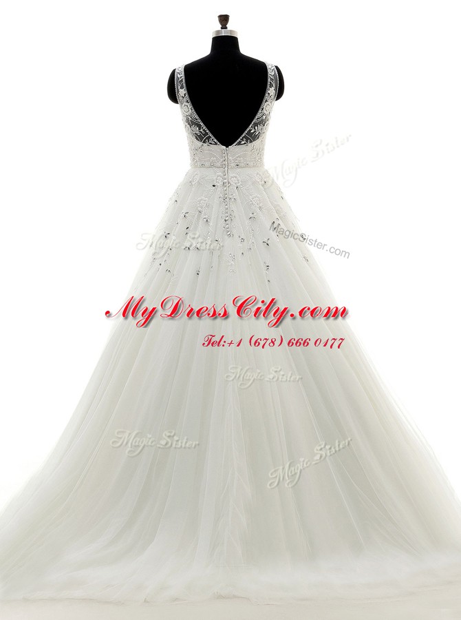 White Backless Scoop Beading and Lace and Appliques Wedding Gowns Tulle Sleeveless Brush Train