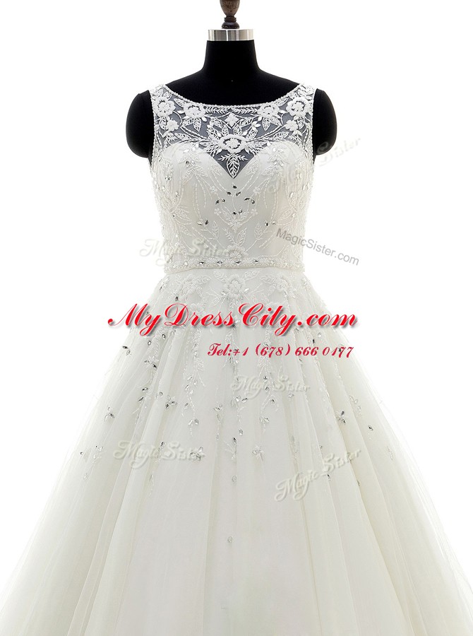 White Backless Scoop Beading and Lace and Appliques Wedding Gowns Tulle Sleeveless Brush Train