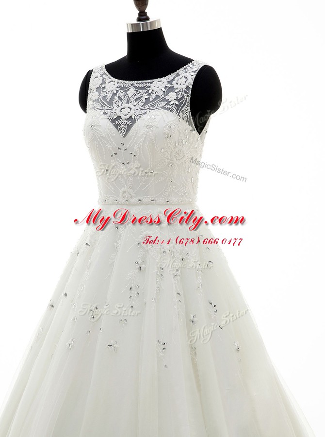 White Backless Scoop Beading and Lace and Appliques Wedding Gowns Tulle Sleeveless Brush Train