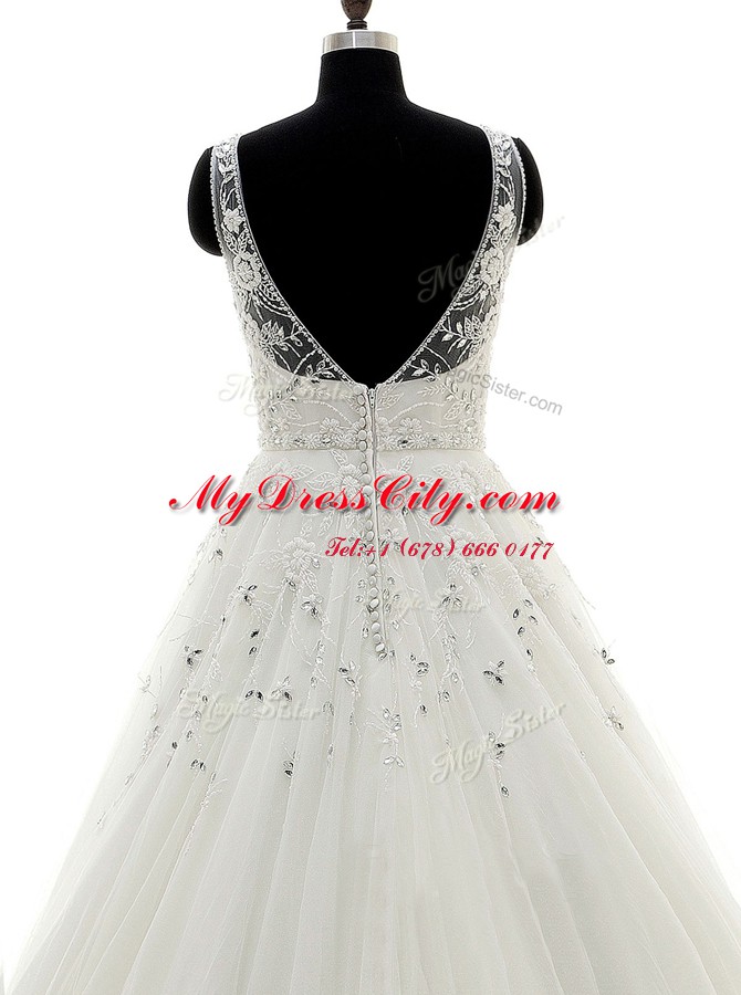 White Backless Scoop Beading and Lace and Appliques Wedding Gowns Tulle Sleeveless Brush Train