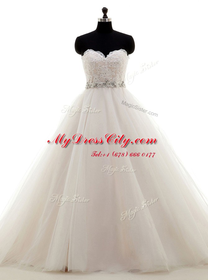 With Train A-line Sleeveless White Wedding Gown Brush Train Lace Up