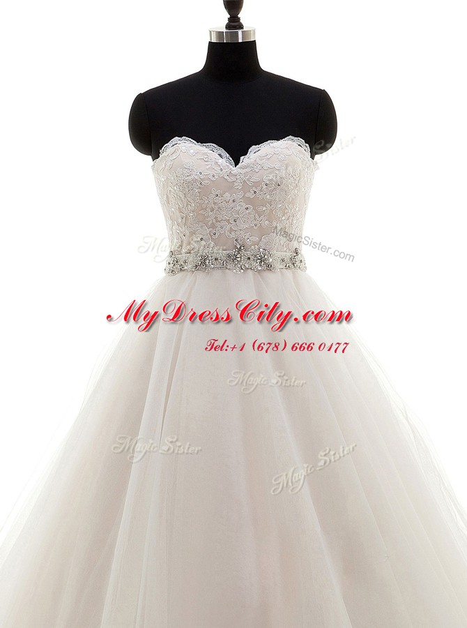 With Train A-line Sleeveless White Wedding Gown Brush Train Lace Up