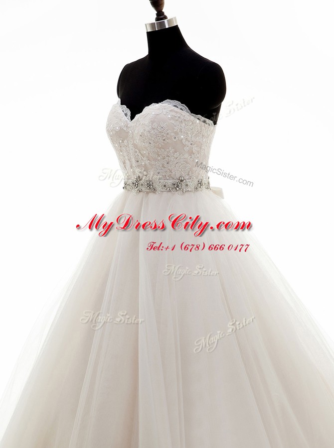 With Train A-line Sleeveless White Wedding Gown Brush Train Lace Up