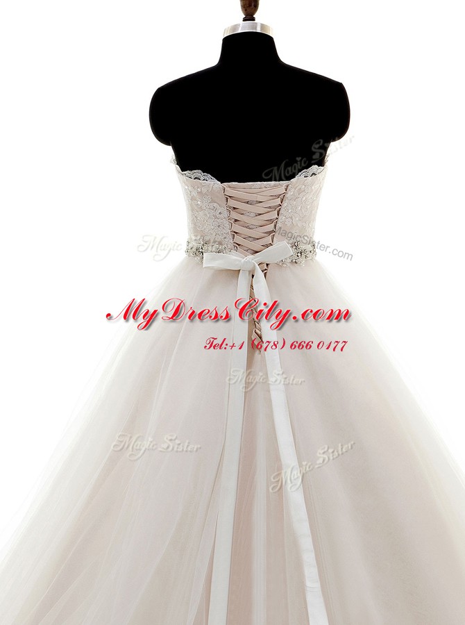 With Train A-line Sleeveless White Wedding Gown Brush Train Lace Up