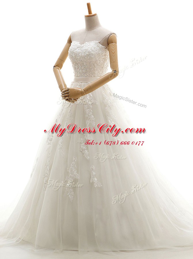 Elegant Appliques Wedding Gown White Lace Up Sleeveless With Train Court Train