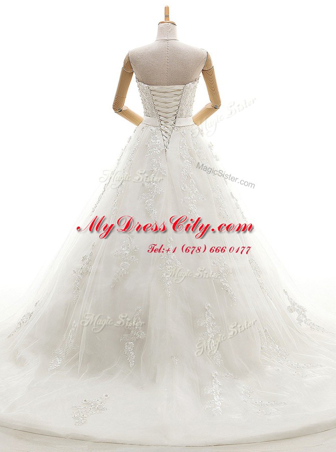 Elegant Appliques Wedding Gown White Lace Up Sleeveless With Train Court Train