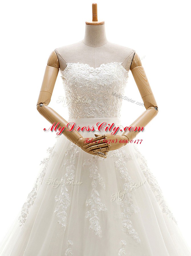 Elegant Appliques Wedding Gown White Lace Up Sleeveless With Train Court Train