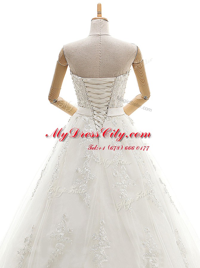 Elegant Appliques Wedding Gown White Lace Up Sleeveless With Train Court Train