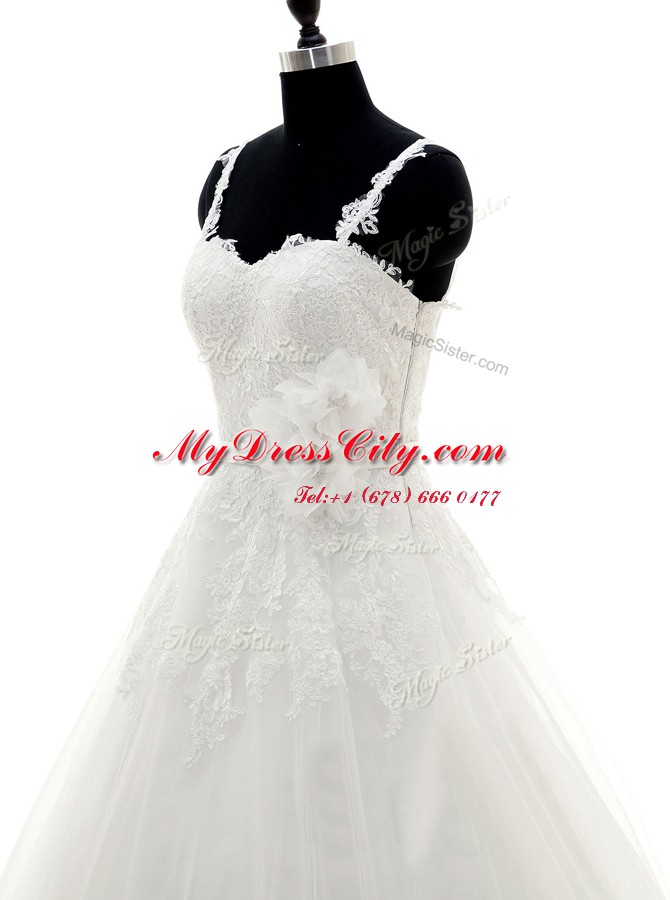 White A-line Spaghetti Straps Sleeveless Tulle With Brush Train Side Zipper Lace and Appliques and Hand Made Flower Wedding Dress