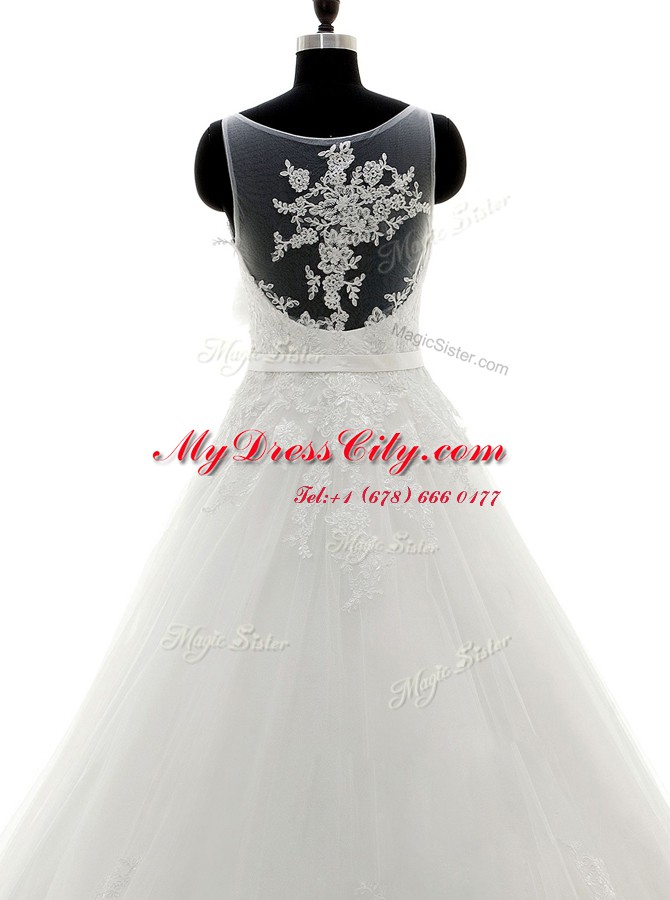 White A-line Spaghetti Straps Sleeveless Tulle With Brush Train Side Zipper Lace and Appliques and Hand Made Flower Wedding Dress