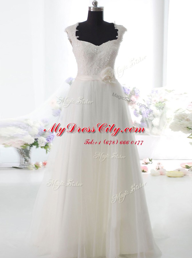 Beauteous White Tulle Side Zipper Square Sleeveless Floor Length Wedding Gowns Lace and Hand Made Flower