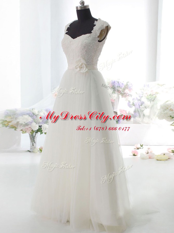 Beauteous White Tulle Side Zipper Square Sleeveless Floor Length Wedding Gowns Lace and Hand Made Flower