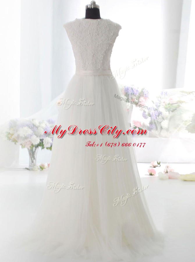 Beauteous White Tulle Side Zipper Square Sleeveless Floor Length Wedding Gowns Lace and Hand Made Flower