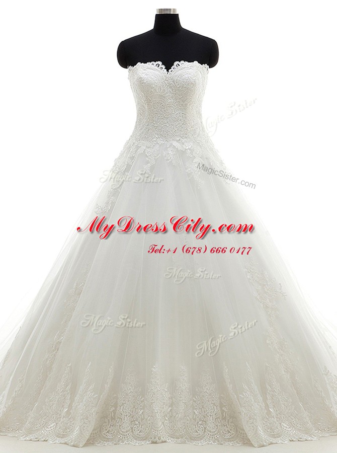 Best Selling White Wedding Dress Wedding Party and For with Lace and Appliques Strapless Sleeveless Brush Train Clasp Handle