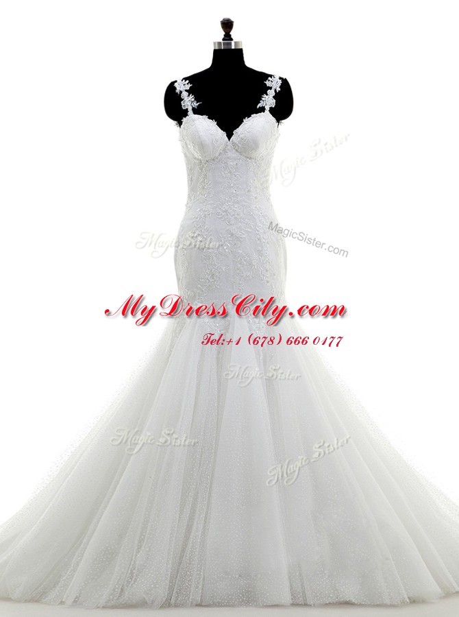 Best Mermaid White Spaghetti Straps Side Zipper Appliques Wedding Gowns Brush Train Sleeveless