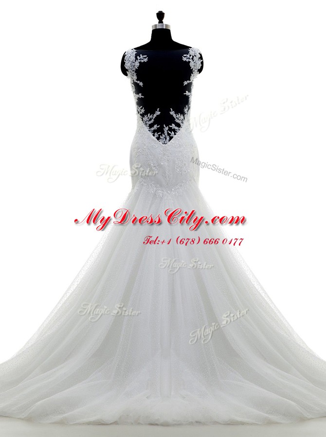 Best Mermaid White Spaghetti Straps Side Zipper Appliques Wedding Gowns Brush Train Sleeveless