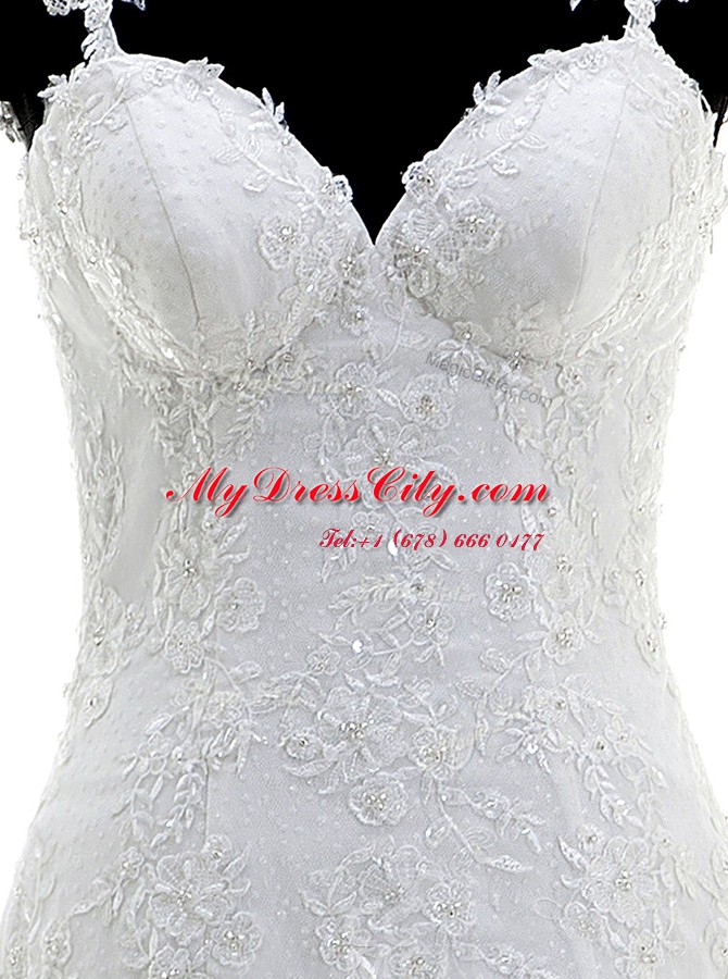 Best Mermaid White Spaghetti Straps Side Zipper Appliques Wedding Gowns Brush Train Sleeveless