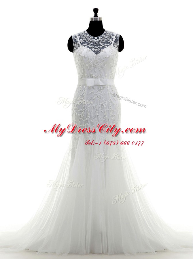 Mermaid White Scoop Zipper Beading Wedding Dress Brush Train Sleeveless