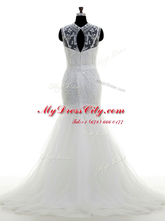 Mermaid White Scoop Zipper Beading Wedding Dress Brush Train Sleeveless