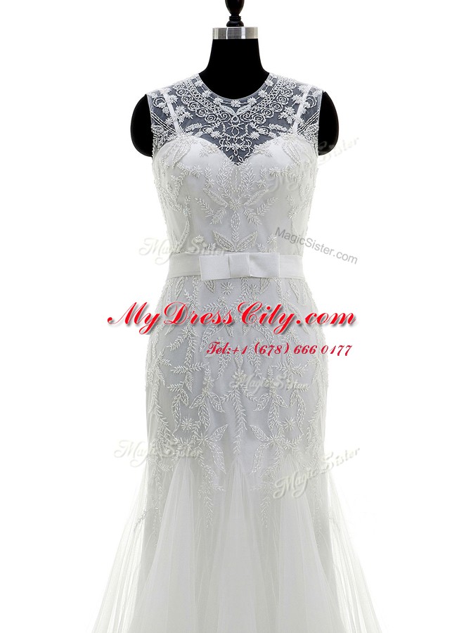 Mermaid White Scoop Zipper Beading Wedding Dress Brush Train Sleeveless