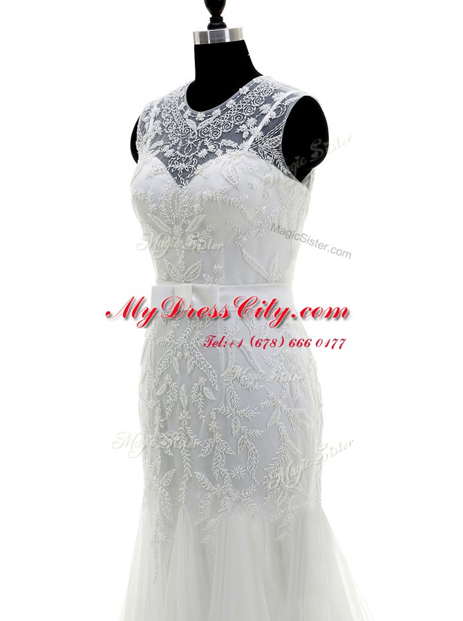 Mermaid White Scoop Zipper Beading Wedding Dress Brush Train Sleeveless