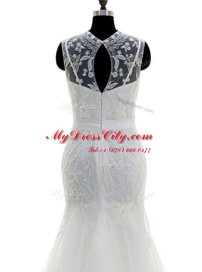 Mermaid White Scoop Zipper Beading Wedding Dress Brush Train Sleeveless