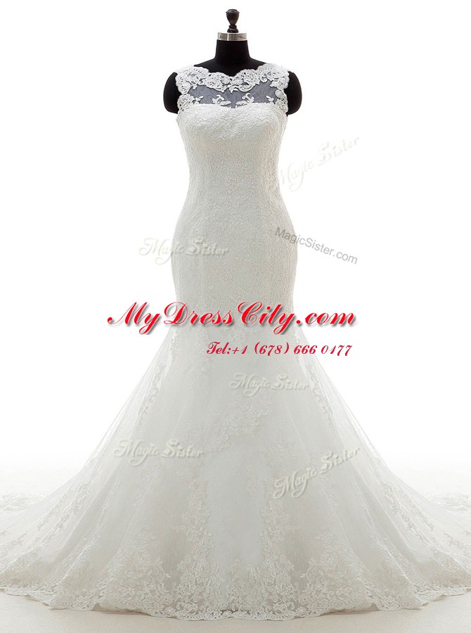 Fantastic Mermaid Scoop White Clasp Handle Bridal Gown Appliques Sleeveless With Train Court Train