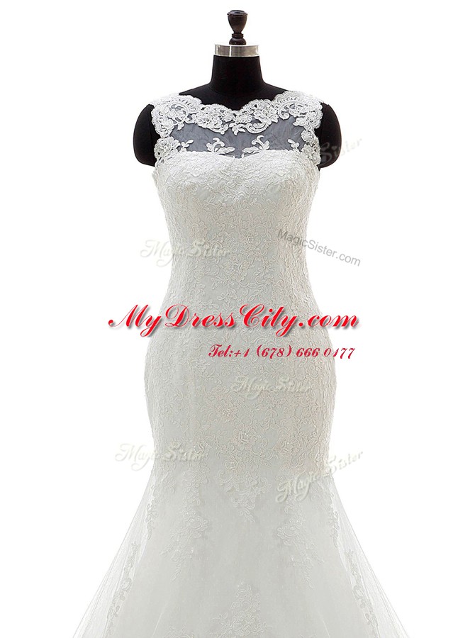 Fantastic Mermaid Scoop White Clasp Handle Bridal Gown Appliques Sleeveless With Train Court Train