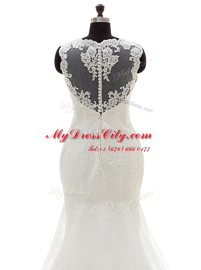 Fantastic Mermaid Scoop White Clasp Handle Bridal Gown Appliques Sleeveless With Train Court Train