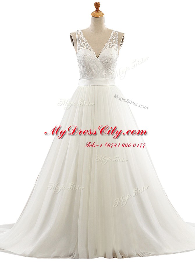 V-neck Sleeveless Wedding Gowns With Brush Train Lace White Tulle