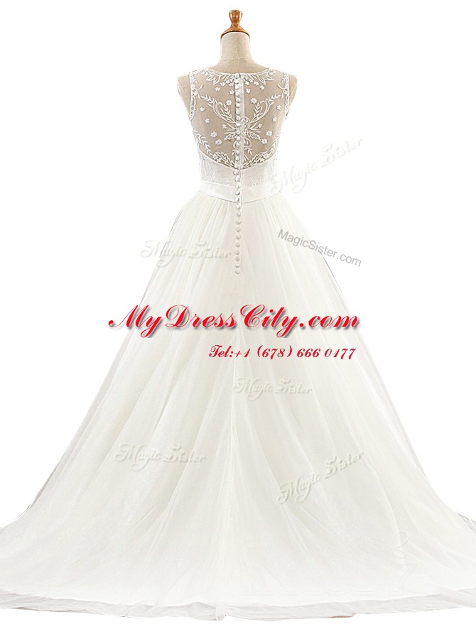 V-neck Sleeveless Wedding Gowns With Brush Train Lace White Tulle