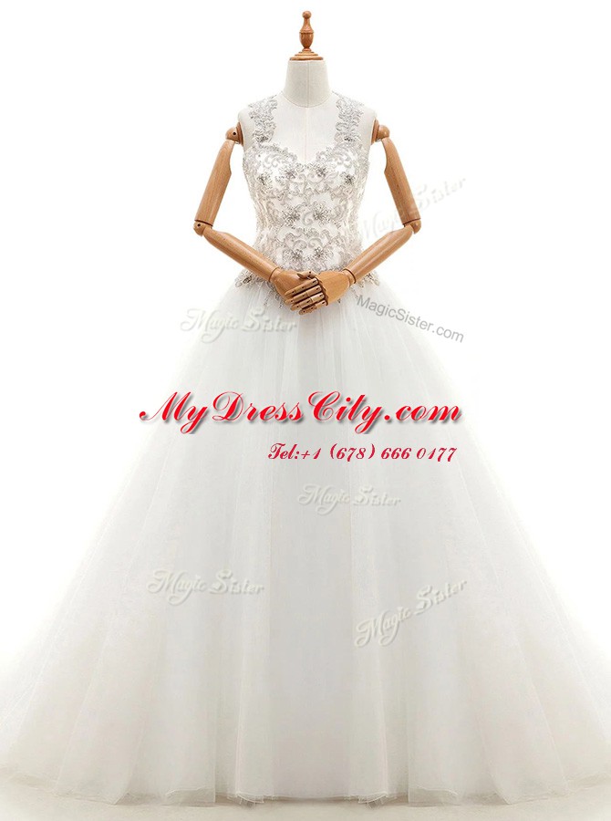 Beauteous With Train A-line Sleeveless White Wedding Gown Brush Train Lace Up