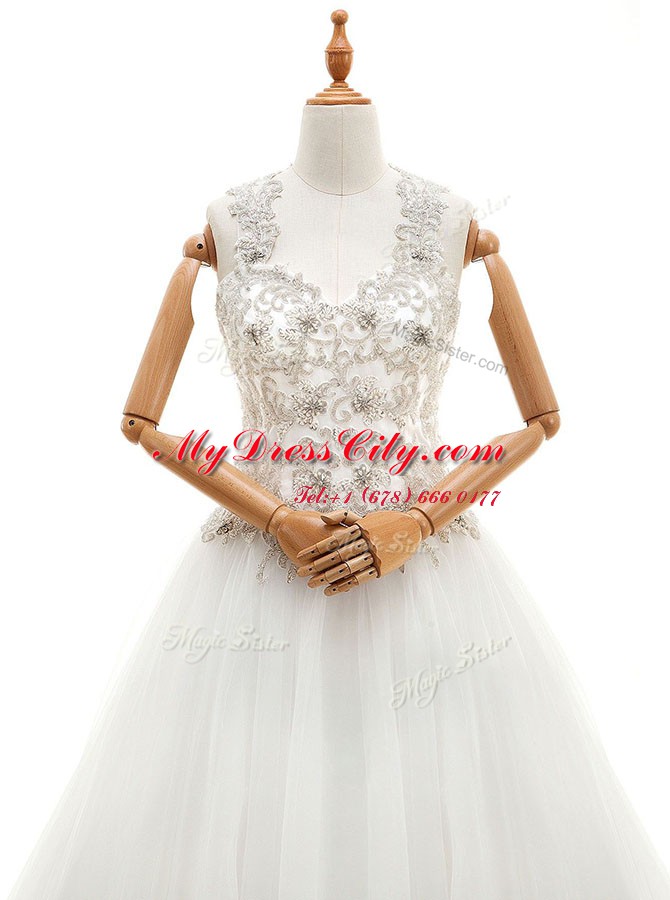 Beauteous With Train A-line Sleeveless White Wedding Gown Brush Train Lace Up