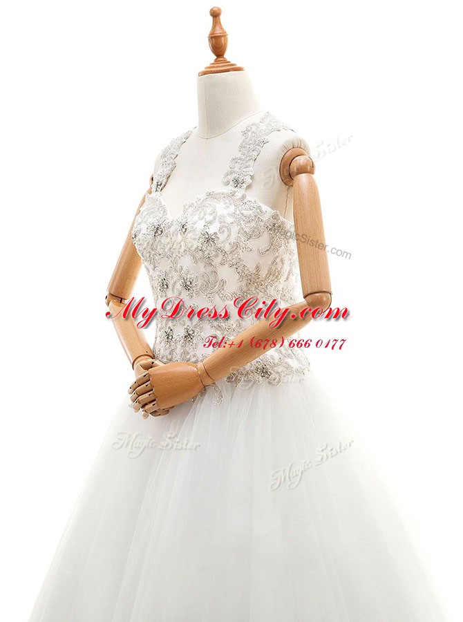 Beauteous With Train A-line Sleeveless White Wedding Gown Brush Train Lace Up