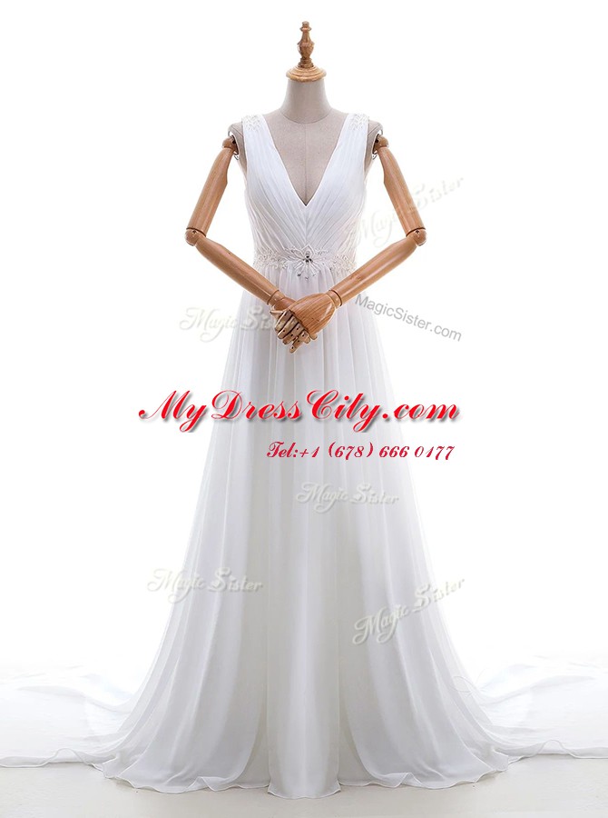 White Sleeveless Chiffon Brush Train Zipper Bridal Gown for Wedding Party