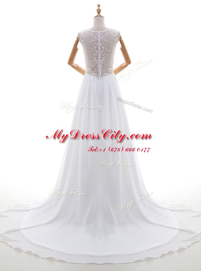 White Sleeveless Chiffon Brush Train Zipper Bridal Gown for Wedding Party