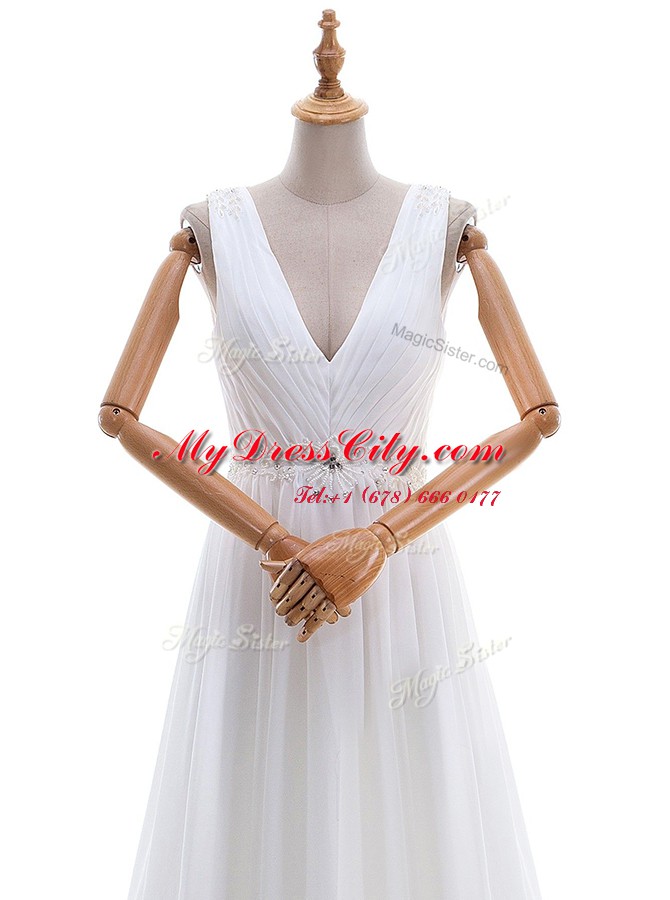 White Sleeveless Chiffon Brush Train Zipper Bridal Gown for Wedding Party