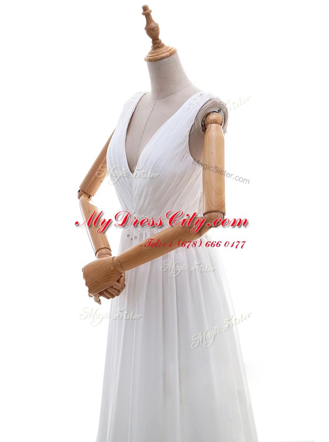 White Sleeveless Chiffon Brush Train Zipper Bridal Gown for Wedding Party