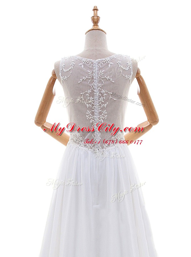 White Sleeveless Chiffon Brush Train Zipper Bridal Gown for Wedding Party