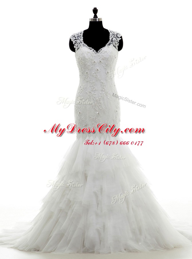 Edgy Mermaid Sleeveless With Train Beading and Lace and Ruffles Clasp Handle Wedding Dresses with White Brush Train