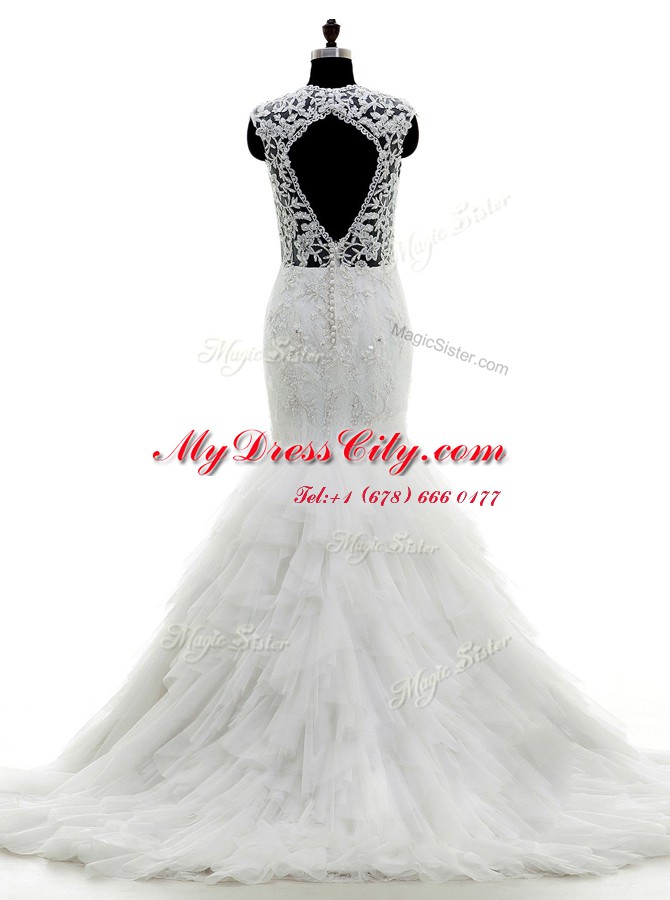 Edgy Mermaid Sleeveless With Train Beading and Lace and Ruffles Clasp Handle Wedding Dresses with White Brush Train