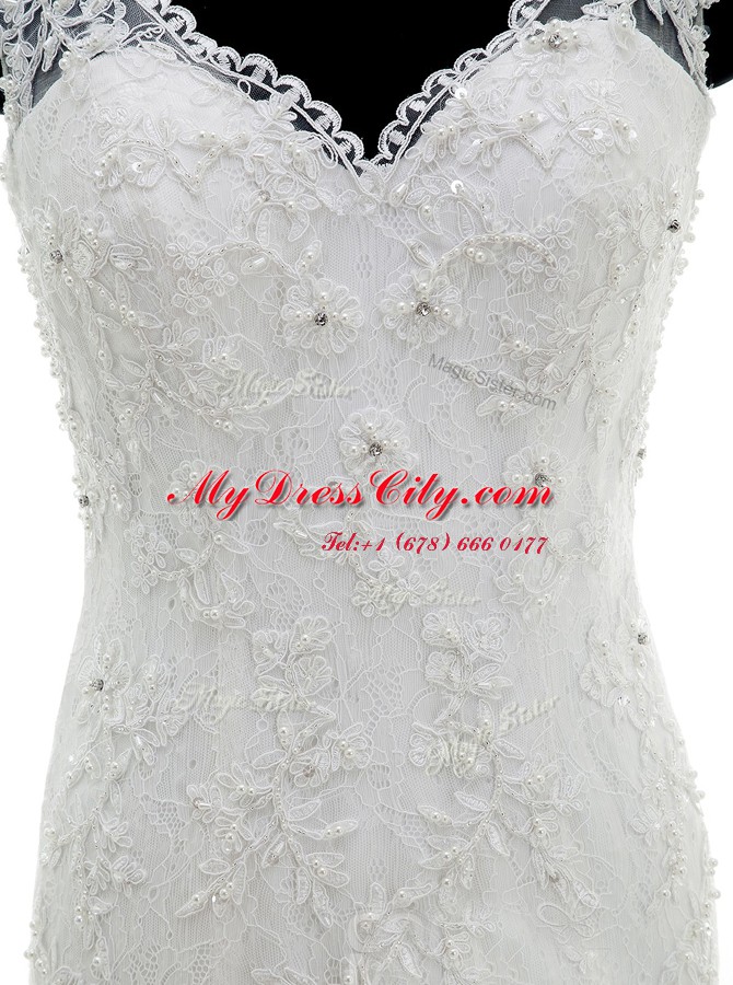 Edgy Mermaid Sleeveless With Train Beading and Lace and Ruffles Clasp Handle Wedding Dresses with White Brush Train